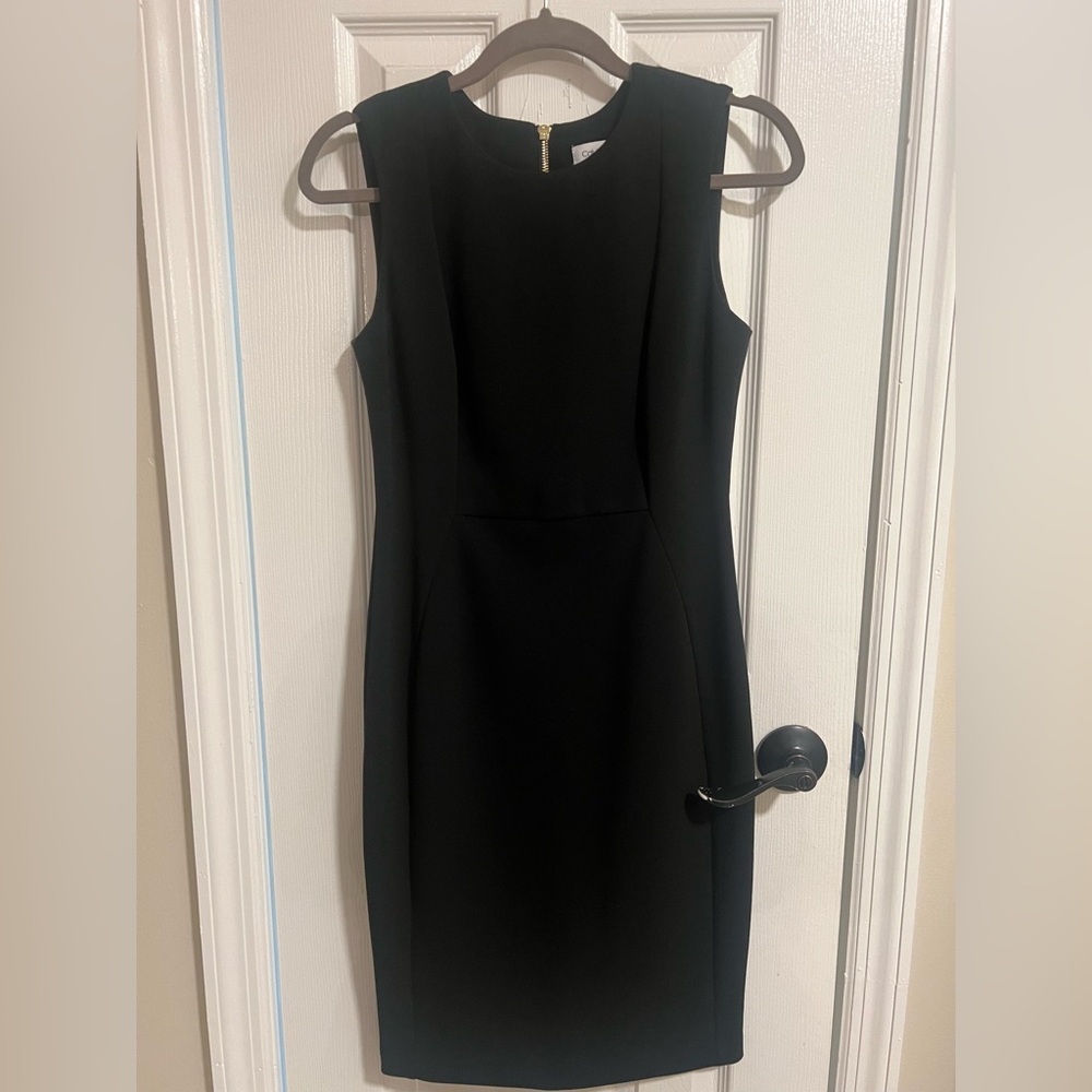 Calvin Klein Classy Knee Length Form Fitting Black Dress With Gold Zipper Back.